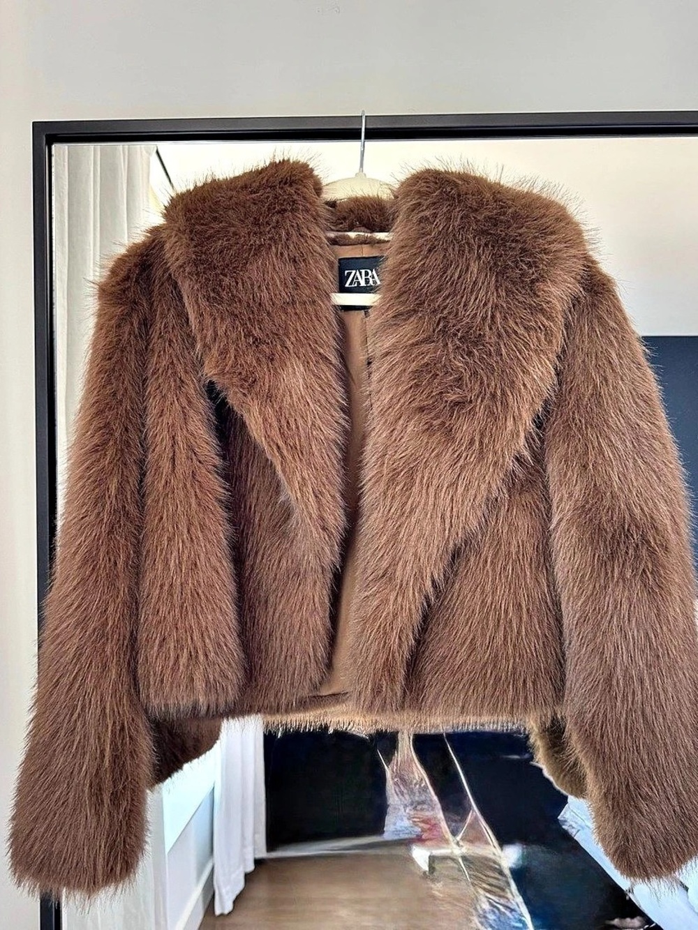 Zara Short Faux Fur Coat Brown Cropped Jacket XS